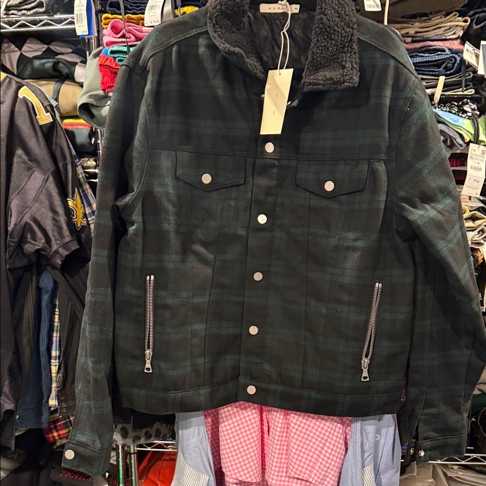 MNML Dark Green Plaid Jacket with Sherpa Collar